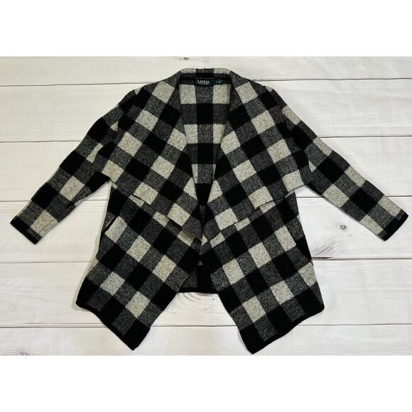 Lauren Ralph Lauren Women Buffalo Plaid Black White Wool Cardigan Size Small - Picture 1 of 8